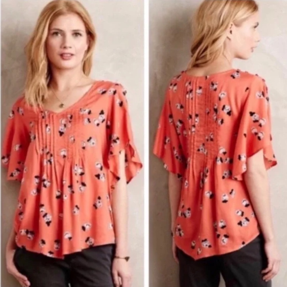 Maeve Coral Floral Flutter-Sleeve Blouse